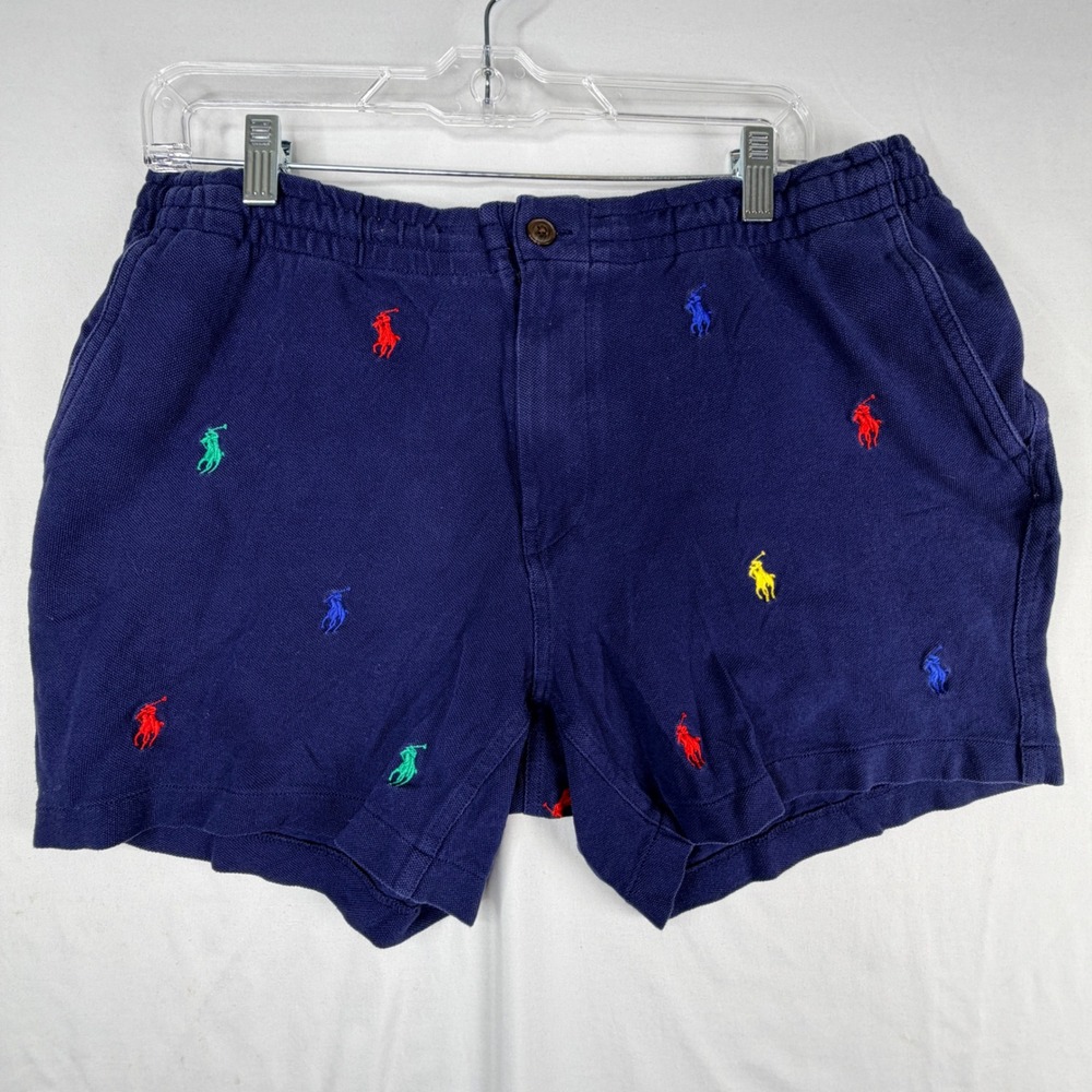 Polo Ralph Lauren Shorts Large Navy Blue Multi Pony All Over Print Pique Cotton